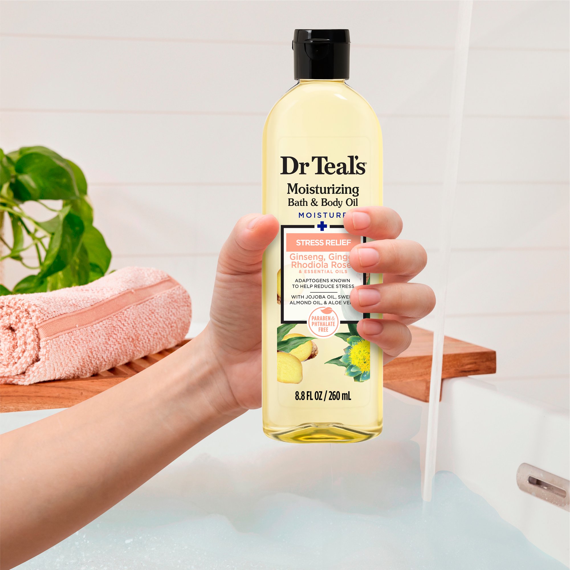 Dr Teal's stress relief with ginseng, ginger, rhodiola rosea and essential oils body moisturizing oil 260ml - Image 2