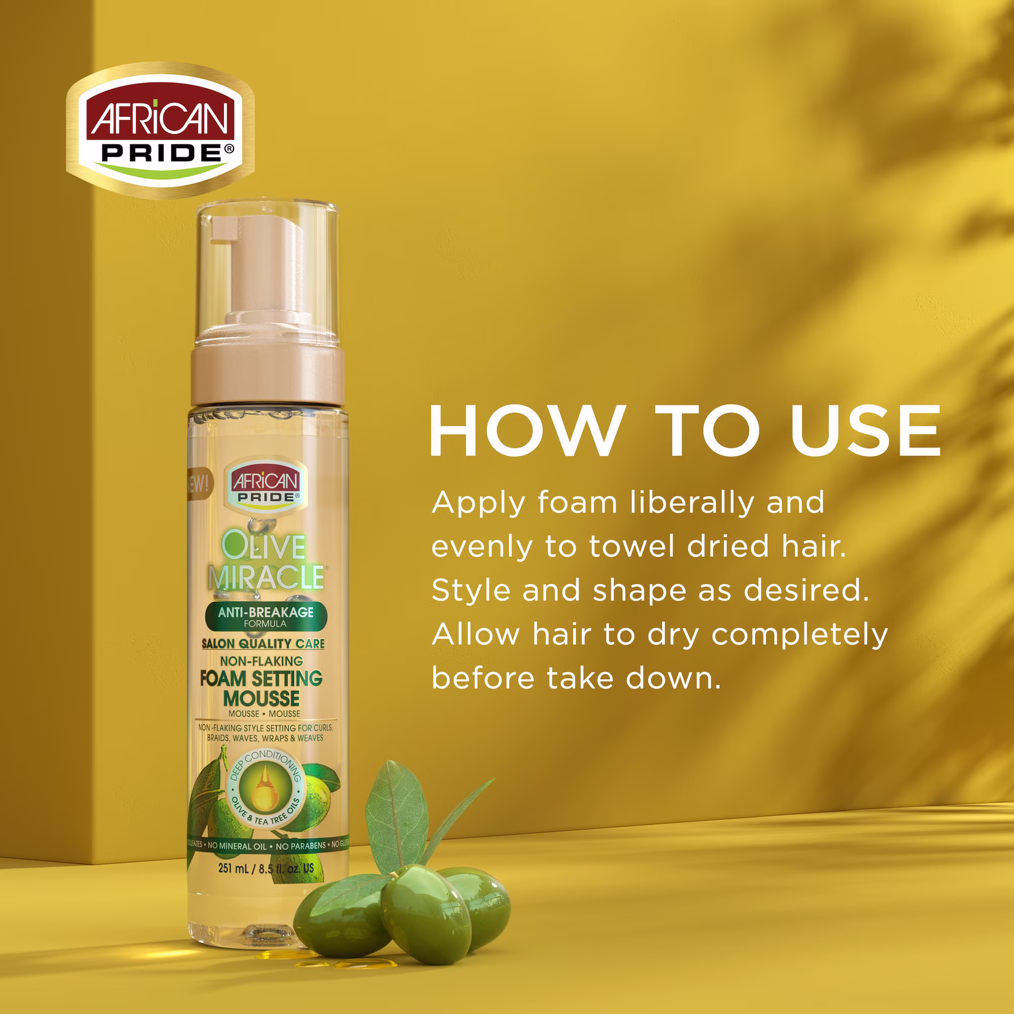 African Pride Olive Miracle Non-Flaking Foam Setting Hair Mousse 251ml - Image 3